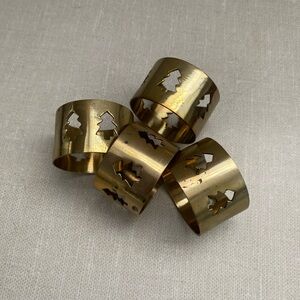 Vintage Brass Laser Cut Christmas Tree Cut Out Napkin Rings Set of 4‎ Holiday